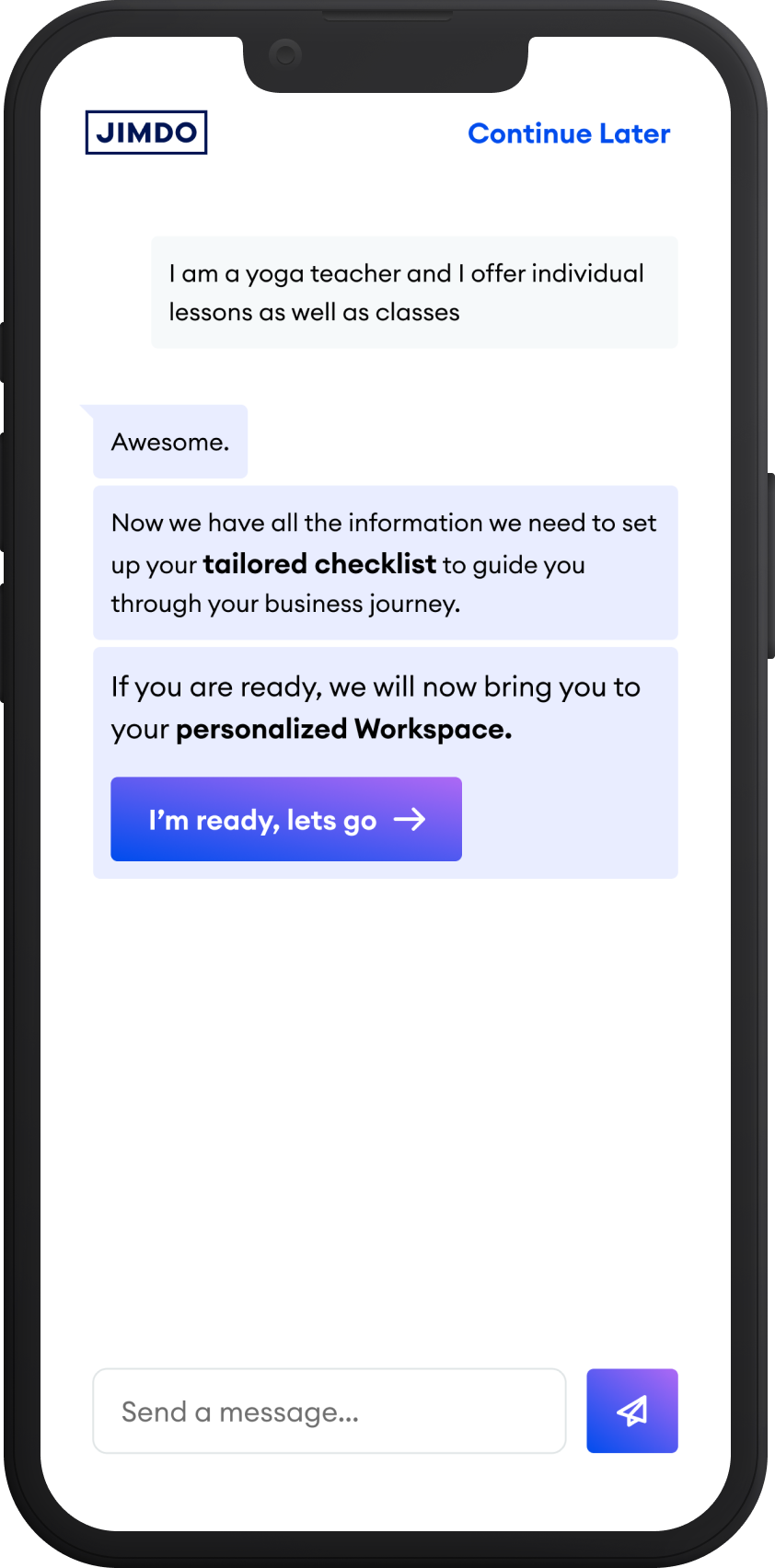 Onboarding chat concluding with a personalised checklist