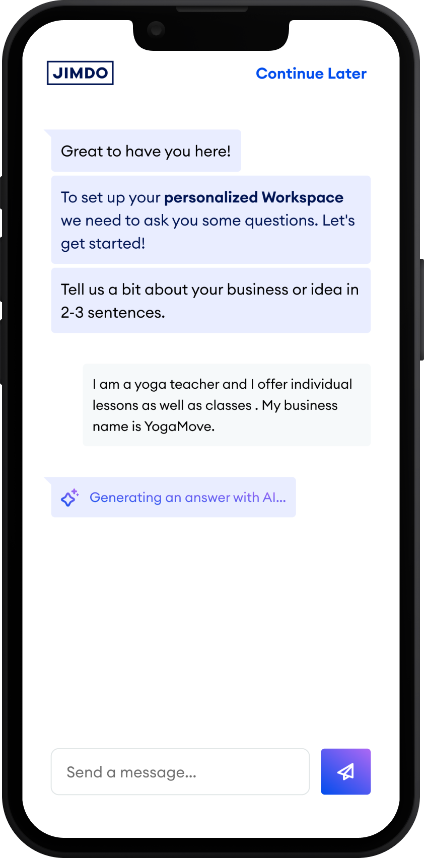 Founder describing her business in the onboarding chat