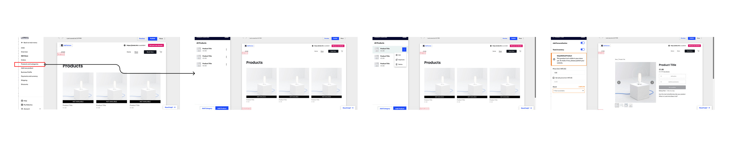 The existing CMS flow: from the buried 'Products and categories' link in Edit Store, into the cramped side panel, to editing a single product
