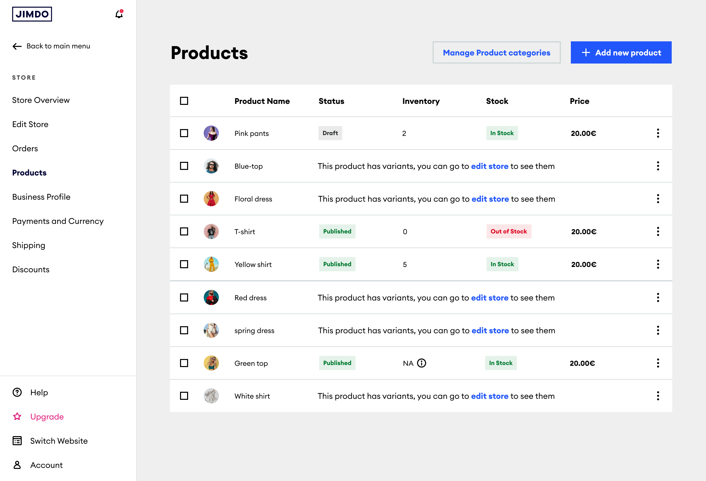 The product list on desktop, showing status, inventory and stock for each product