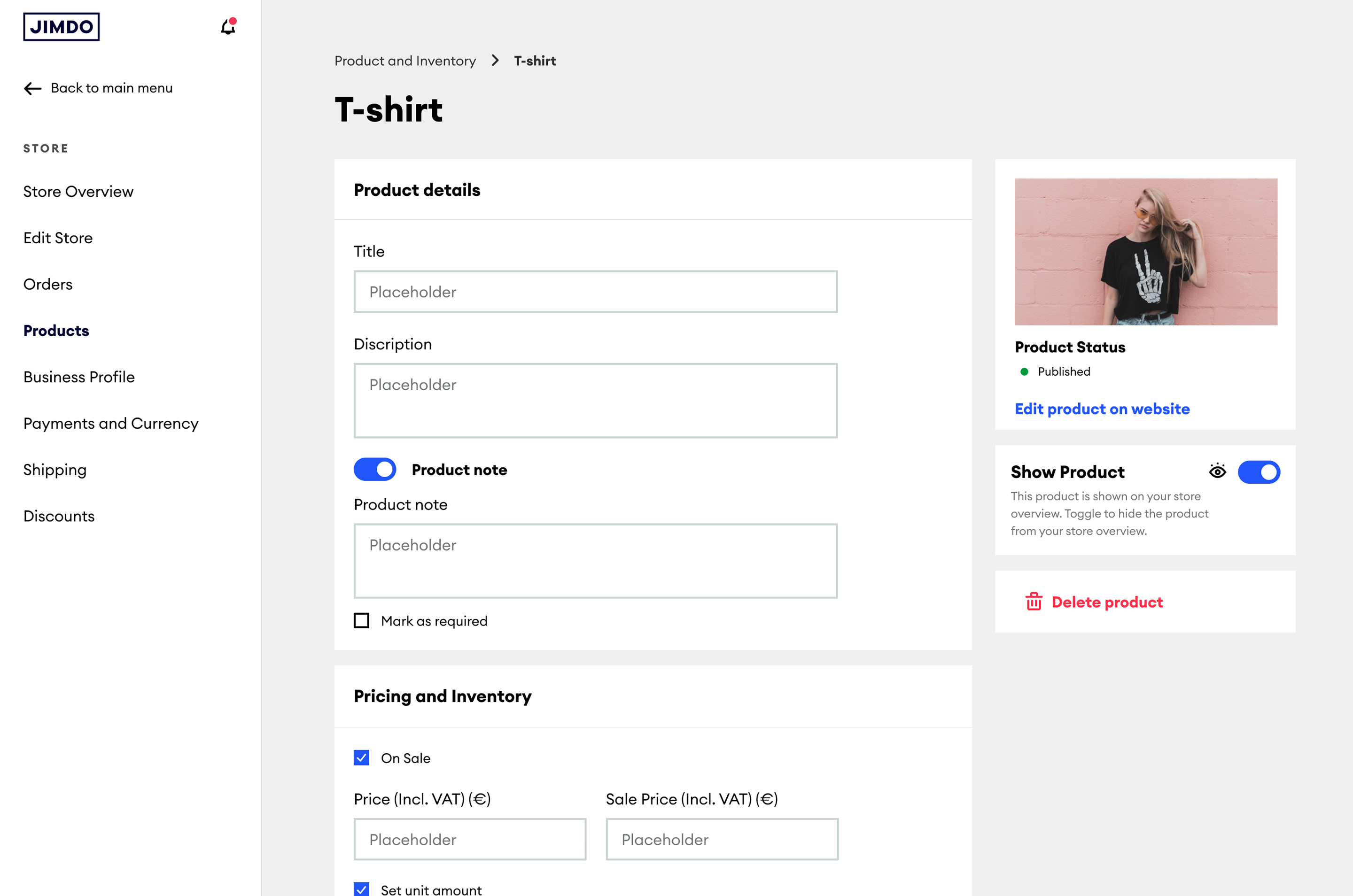The product detail page, its own screen with product fields, status and pricing, not a pop-up over the list