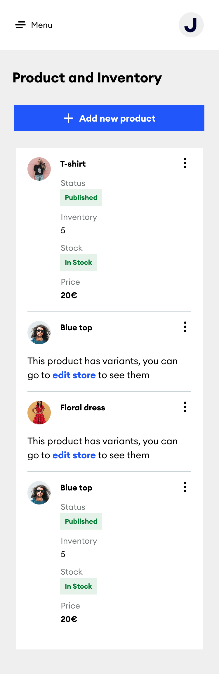 The same product list on mobile