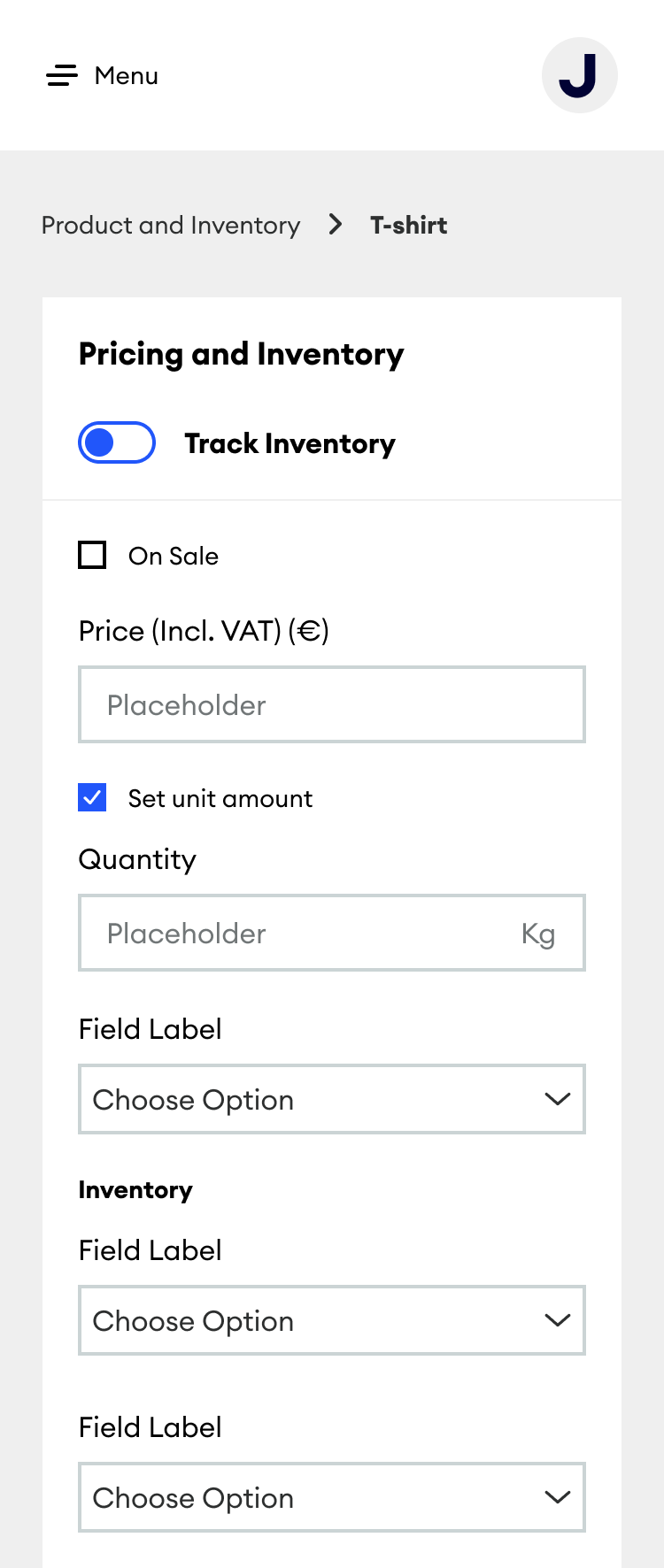 Pricing and inventory fields on the product detail screen, mobile