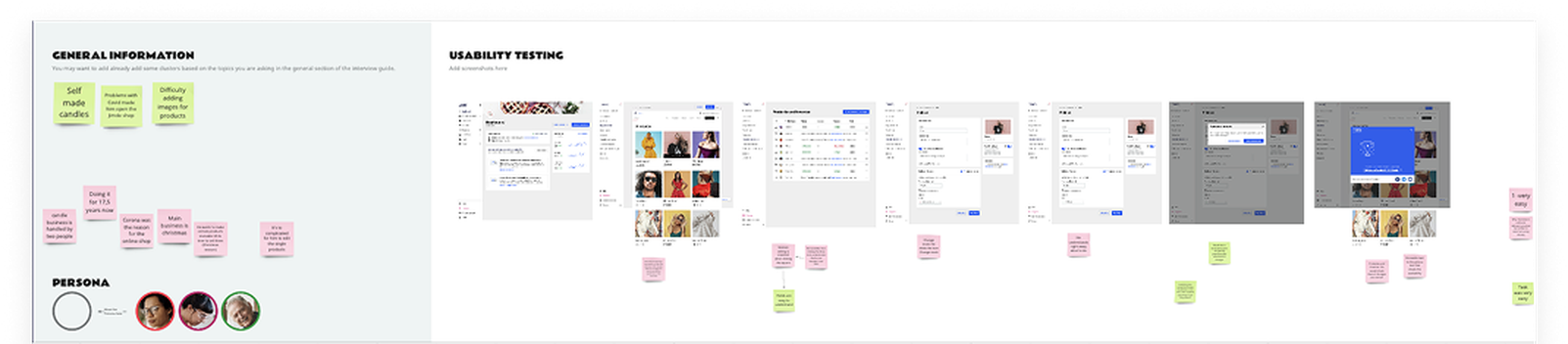 Notes from one of the usability testing sessions: participant background and a screen-by-screen walkthrough