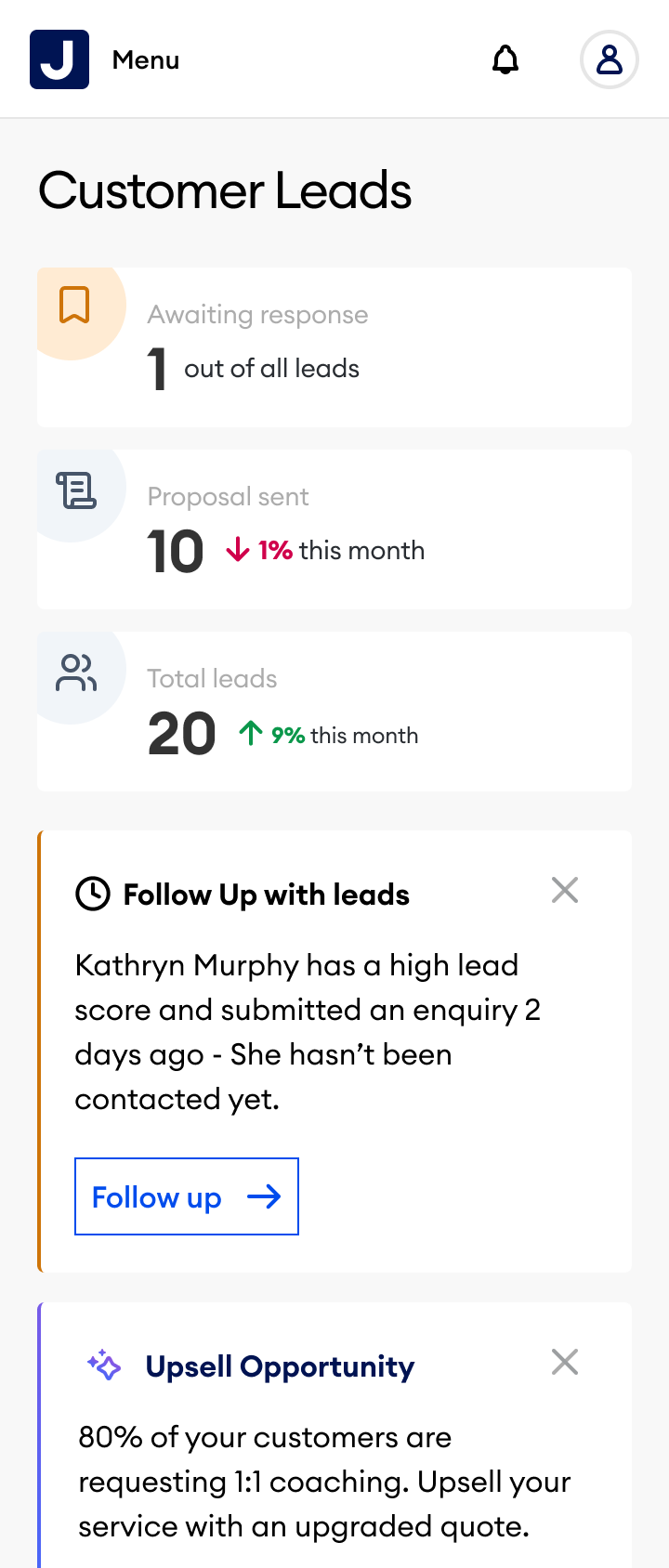 Customer Leads dashboard on mobile