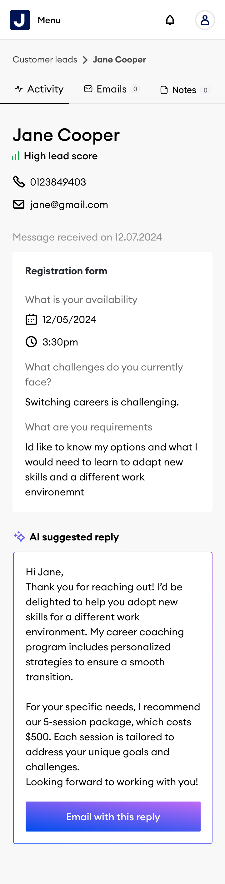 Jane Cooper's lead detail on mobile with an AI-drafted reply