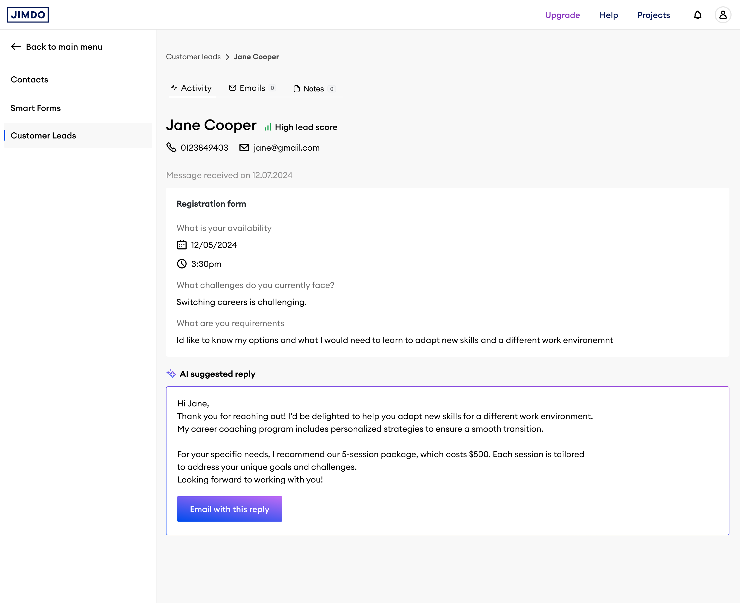 Lead detail page with an AI-drafted reply