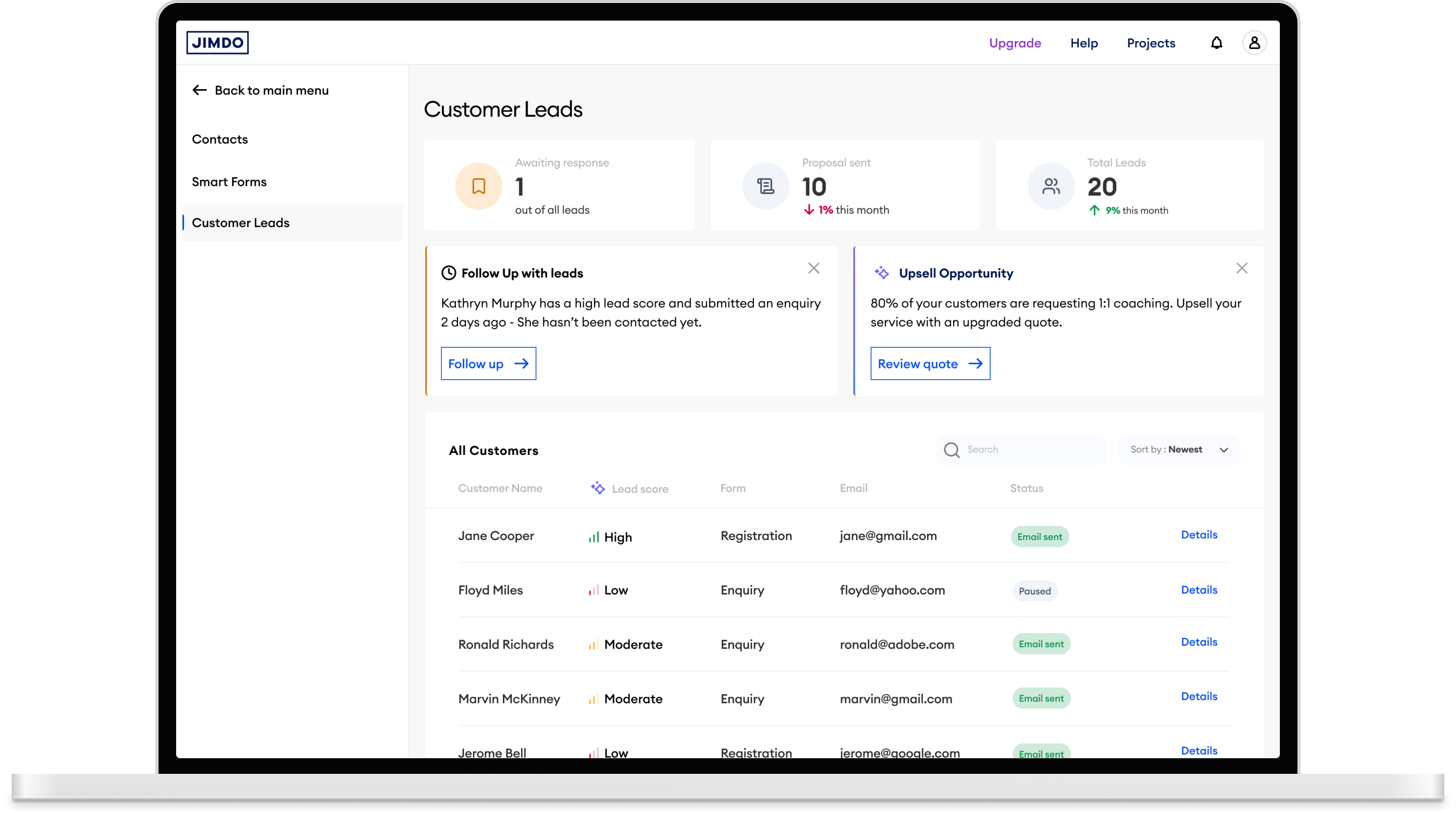 Lead Management dashboard on desktop