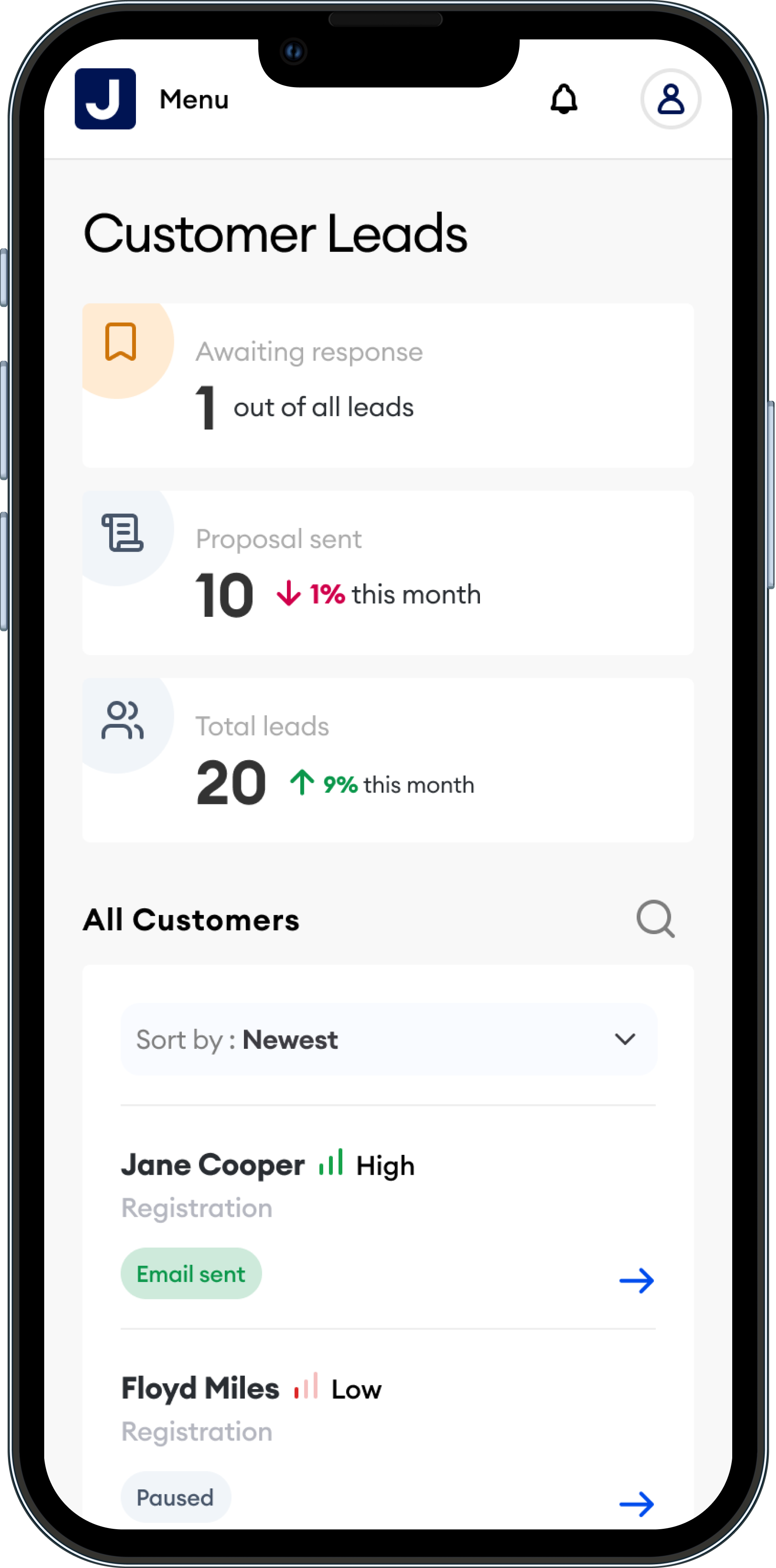 Lead Management dashboard on mobile