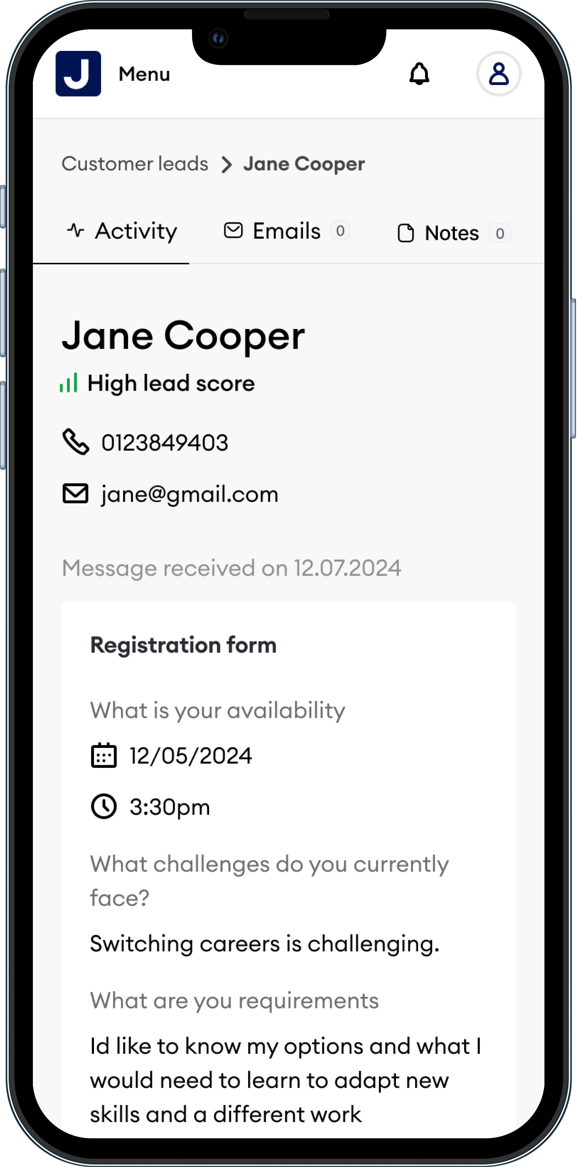 A lead's detail view on mobile