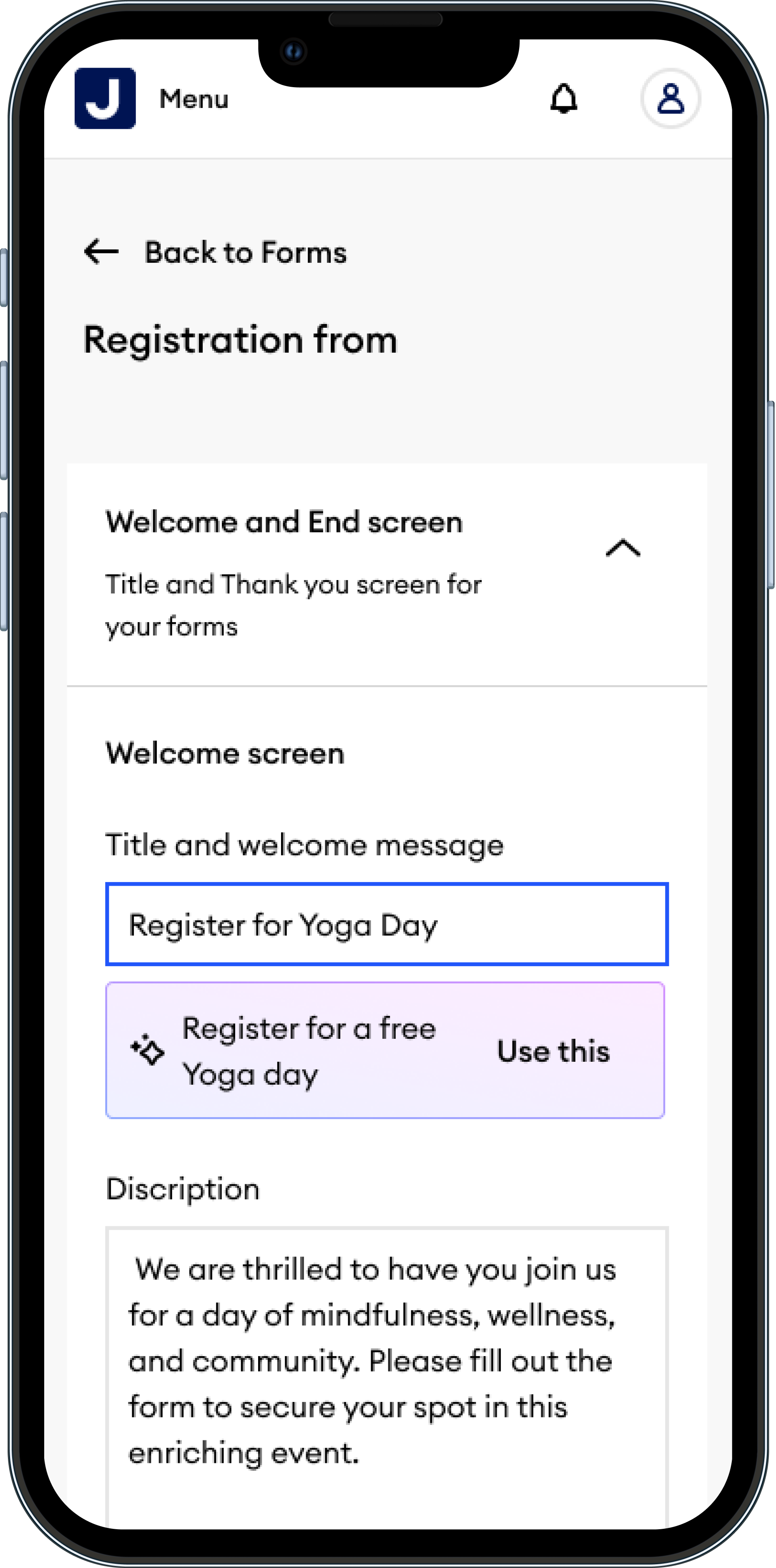 Building a registration form on mobile, with an AI-suggested welcome message