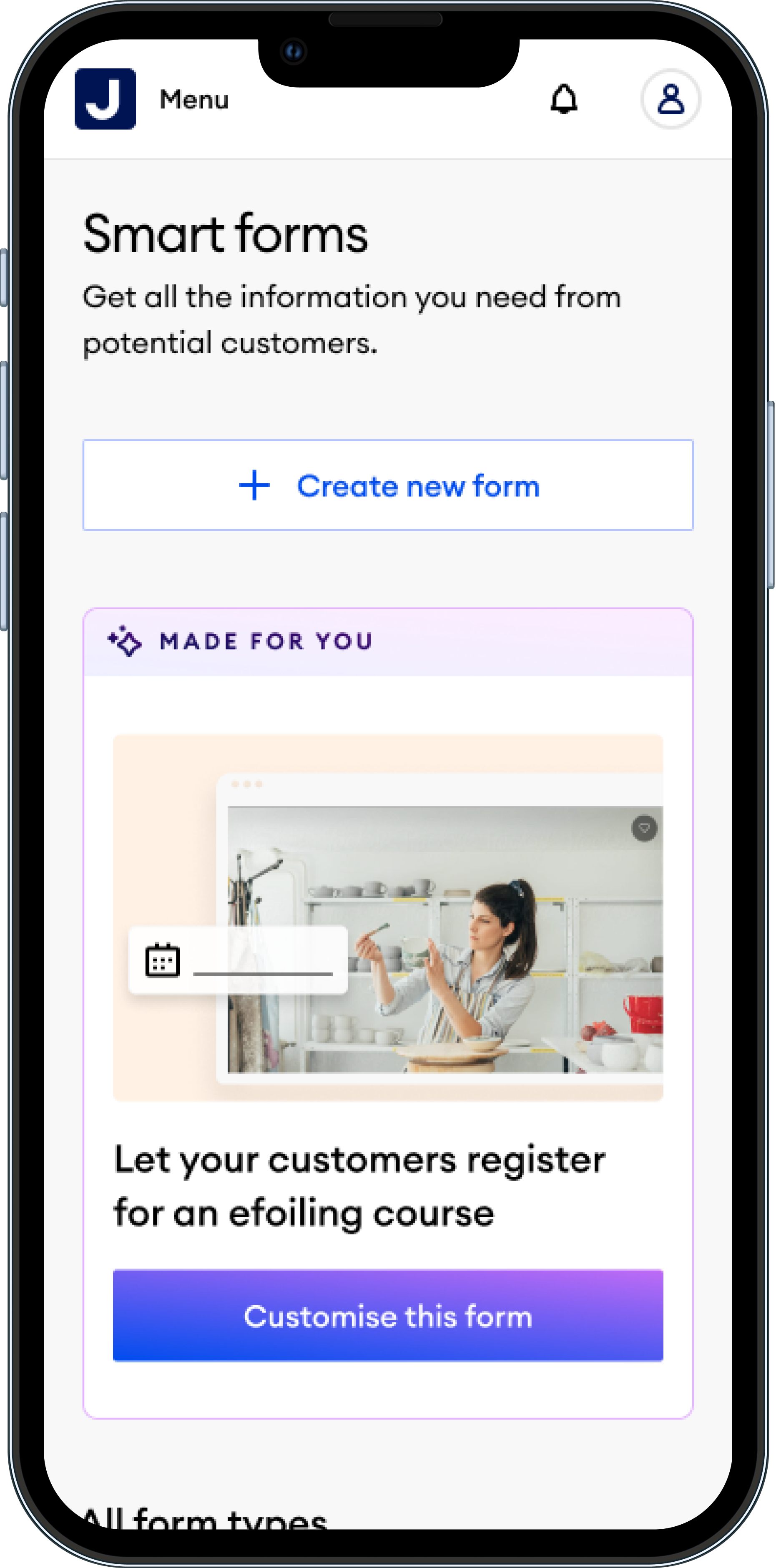 Smart Forms home screen on mobile, AI recommended