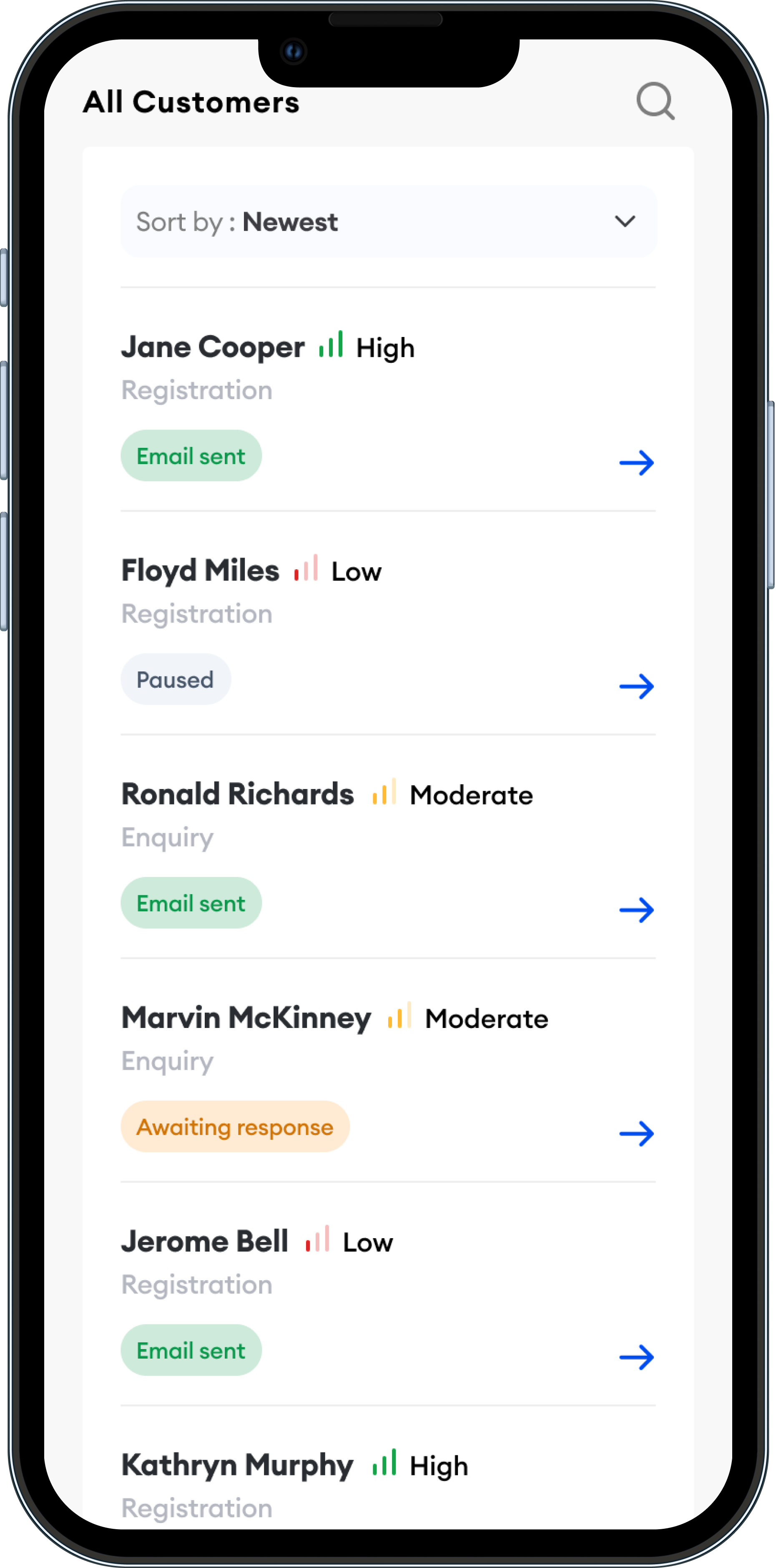 Customer leads list on mobile