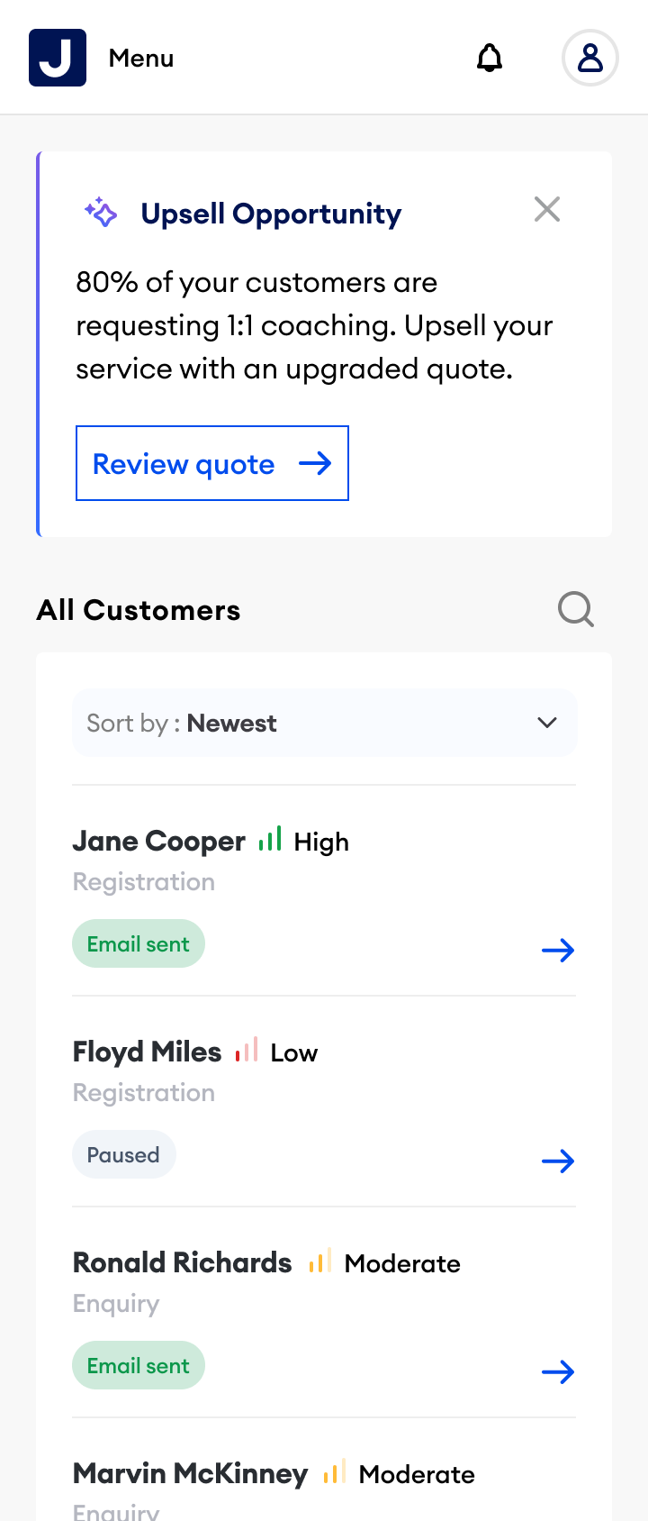 Lead Management dashboard on mobile