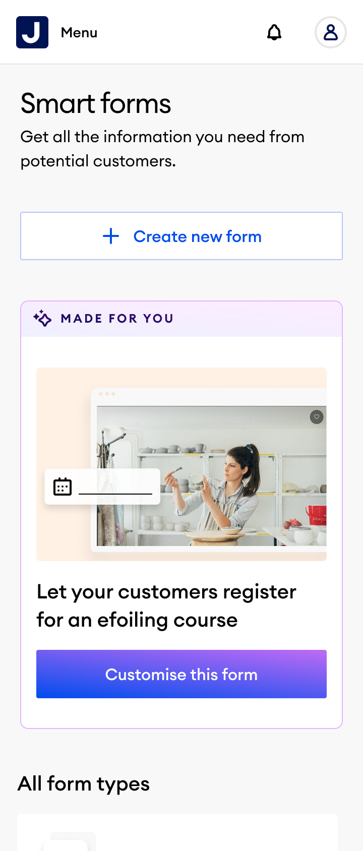 Smart Forms home screen on mobile