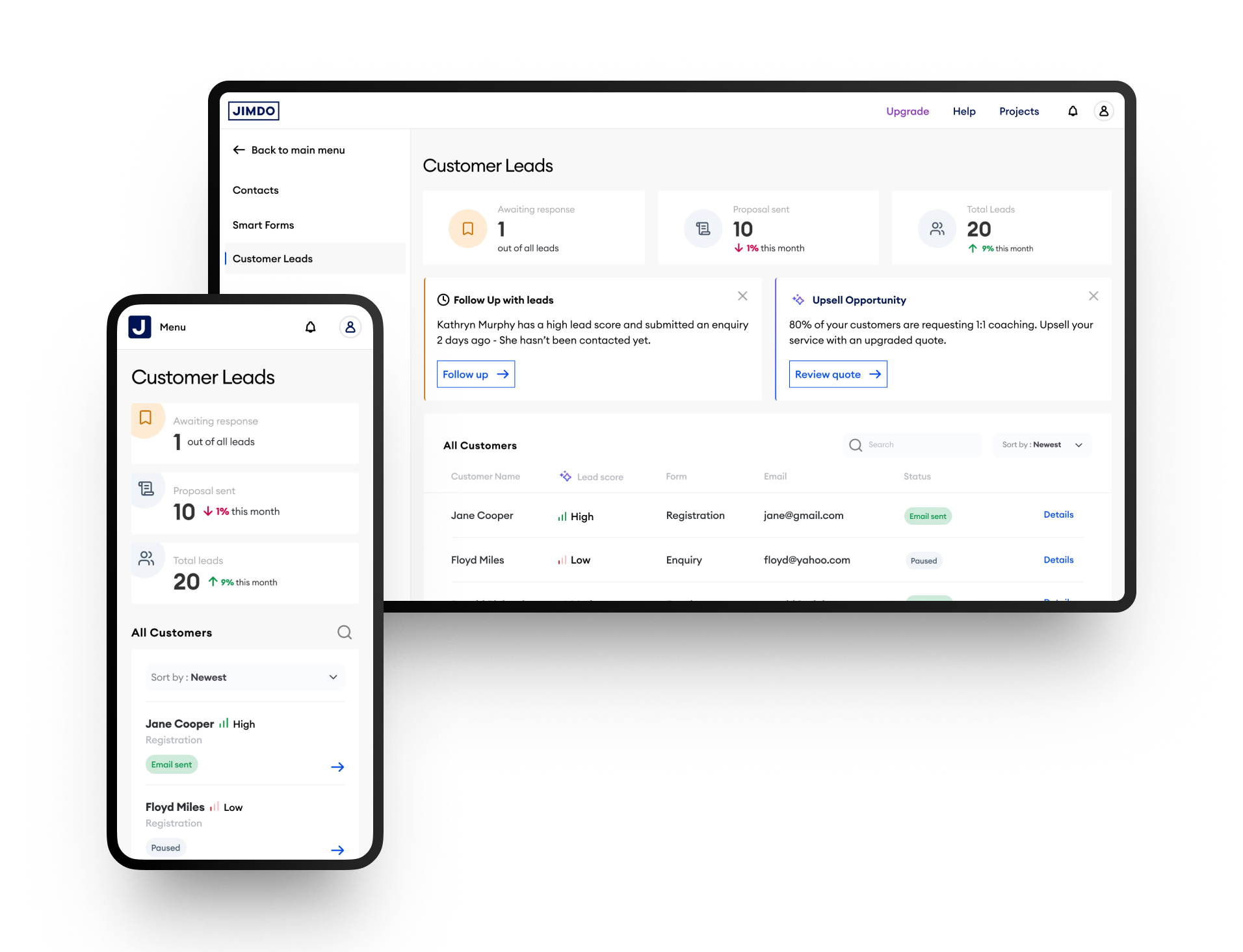 Lead Management dashboard on desktop and mobile