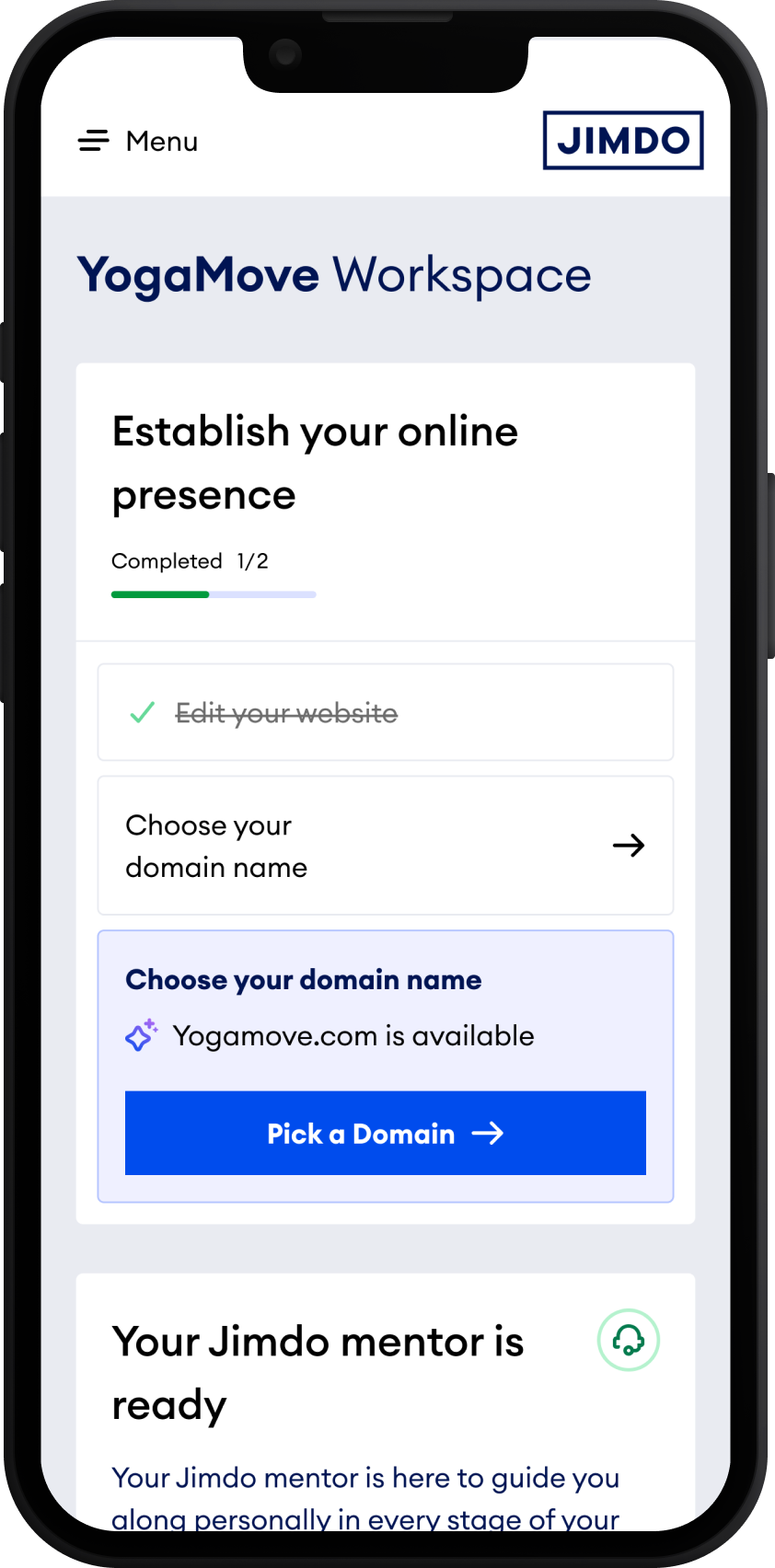 Workspace showing a completed task and a domain suggestion