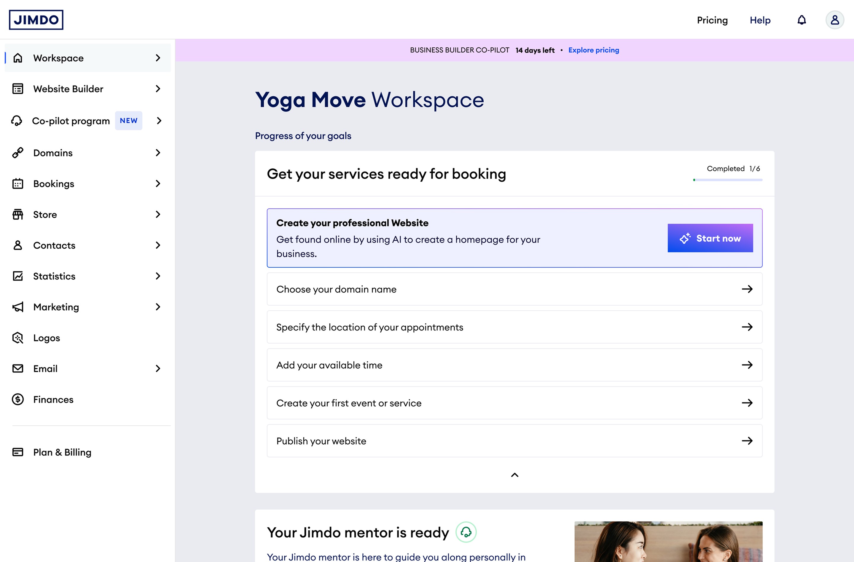 The Business Workspace dashboard, personalised for a yoga studio founder